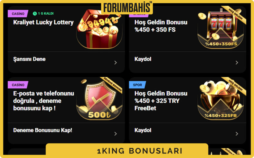1King bonuslar bölümü, yatırım bonus ve çevrim şartı etiketi