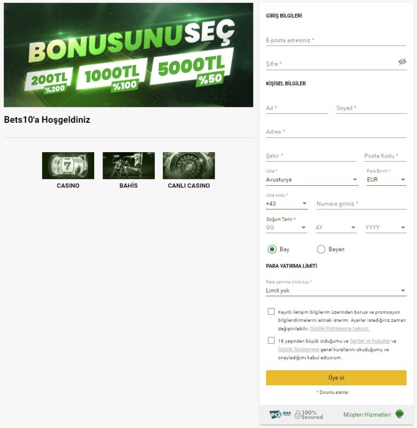 Bets10 hesap açma formu