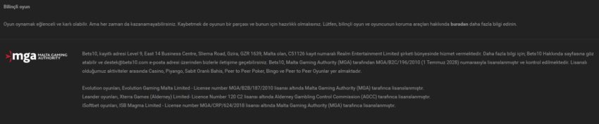 Bets10 lisans bilgisi