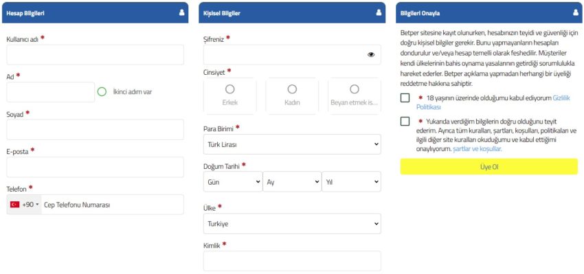 betper üyelik açma formu