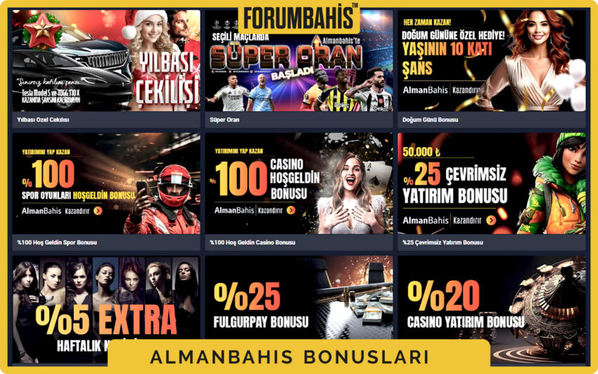 Almanbahis bonuslar genel görünüm, tüm bonus listesi ve filtre etiketleri