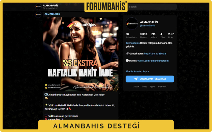Almanbahis Telegram grubu tanıtımı, hızlı cevap vaat eden destek metni