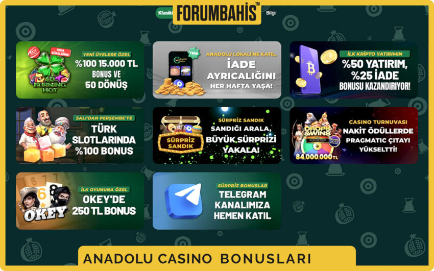 AnadoluCasino bonuslar bölümü, yatırım bonus ve çevrim şartı etiketi