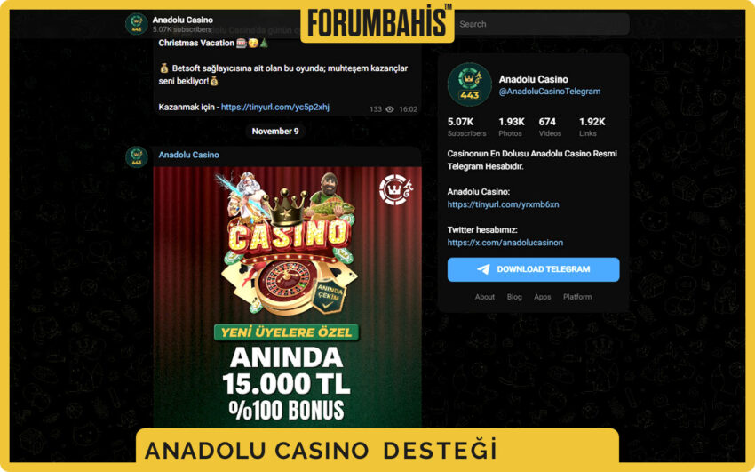 AnadoluCasino alt bilgi alanı, sosyal ikonlar ve 7/24 destek ifadesi