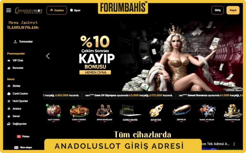 Anadoluslot mobil genel görünüm, üstte logo altta hızlı giriş ve kupon kısayolu