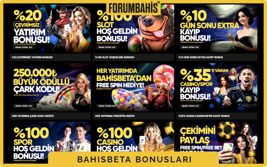 Bahisbeta bonuslar genel görünüm, tüm bonus listesi ve filtre etiketleri