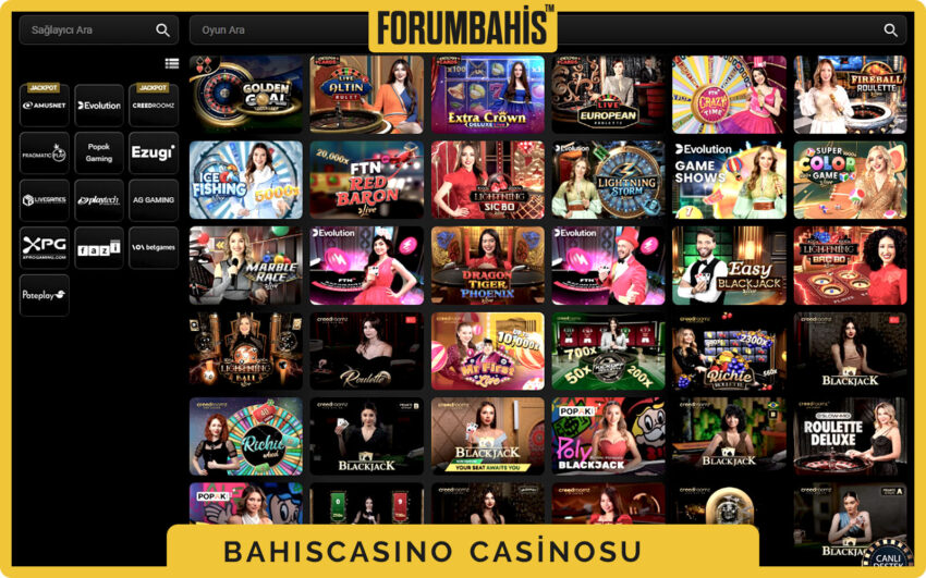 Bahiscasino casino sayfası, slot sağlayıcıları ve kategori filtreleri görünür