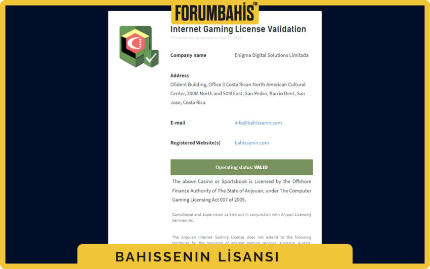 Bahissenin lisans özetinde ürün kapsamı, spor ve casino için lisans ibaresi