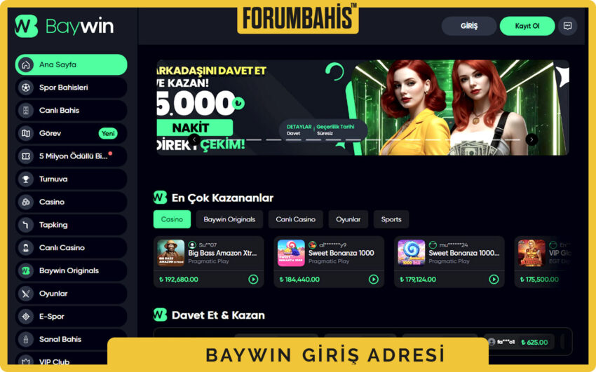 Baywin mobil ana sayfa ekranı, üstte giriş ve kayıt butonları
