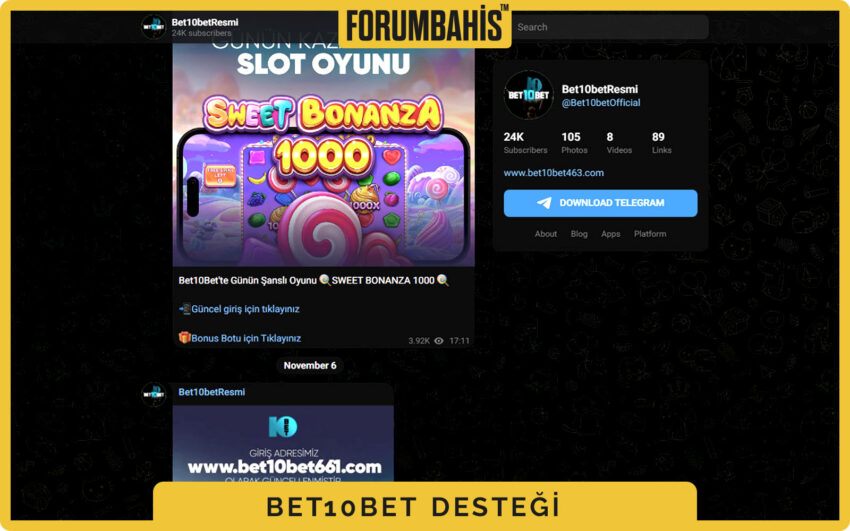 Bet10Bet destek sayfası ekran görüntüsü, Instagram ve Telegram ikonları