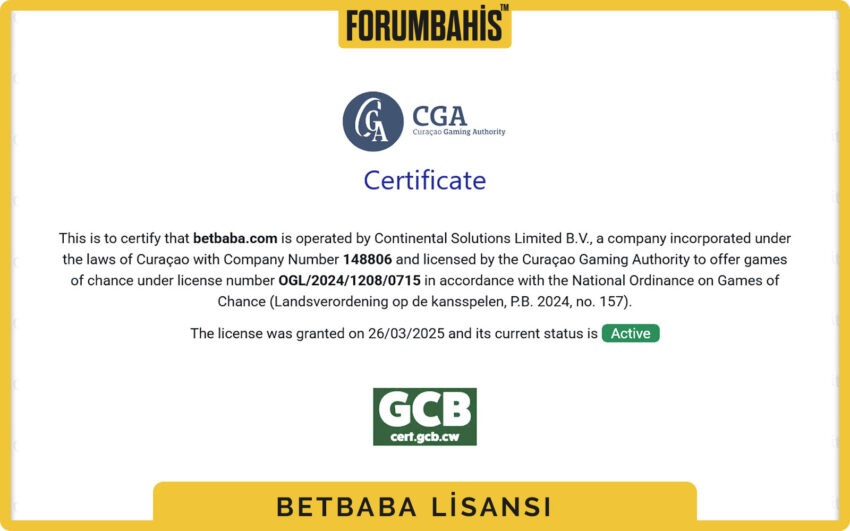 Betbaba lisans doğrulama bölümü, resmi site bağlantısı ve rozetler
