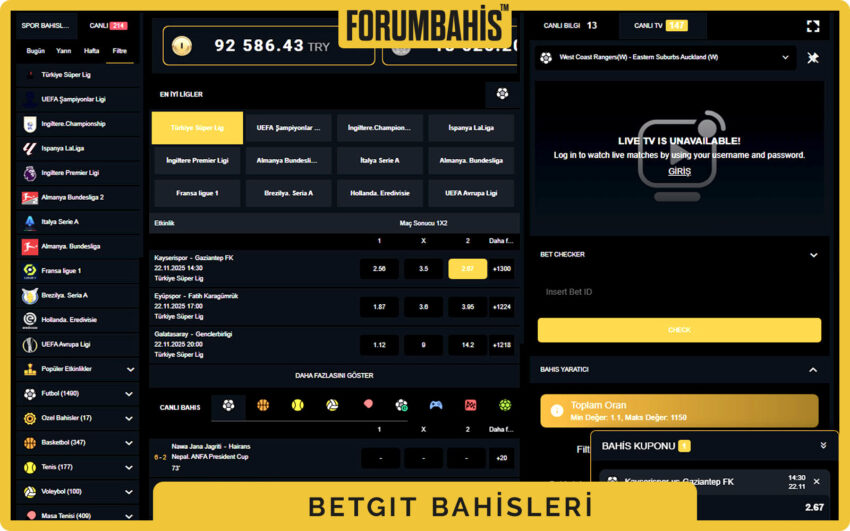 Betgit bahis seçenekleri tablosu, toplam gol ve handikap pazarları
