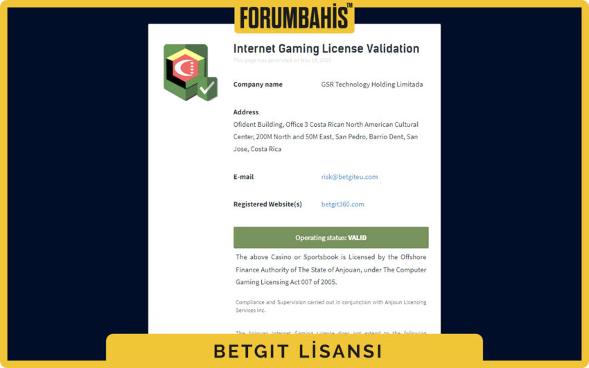 Betgit lisans statüsü, güncellenme tarihi ve referans numarası