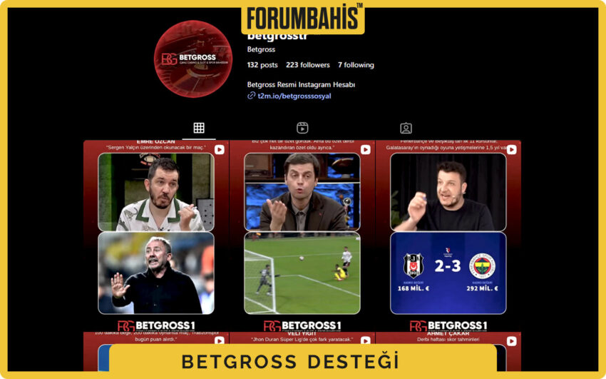 Betgross destek sayfası ekran görüntüsü, Instagram ve Telegram ikonları