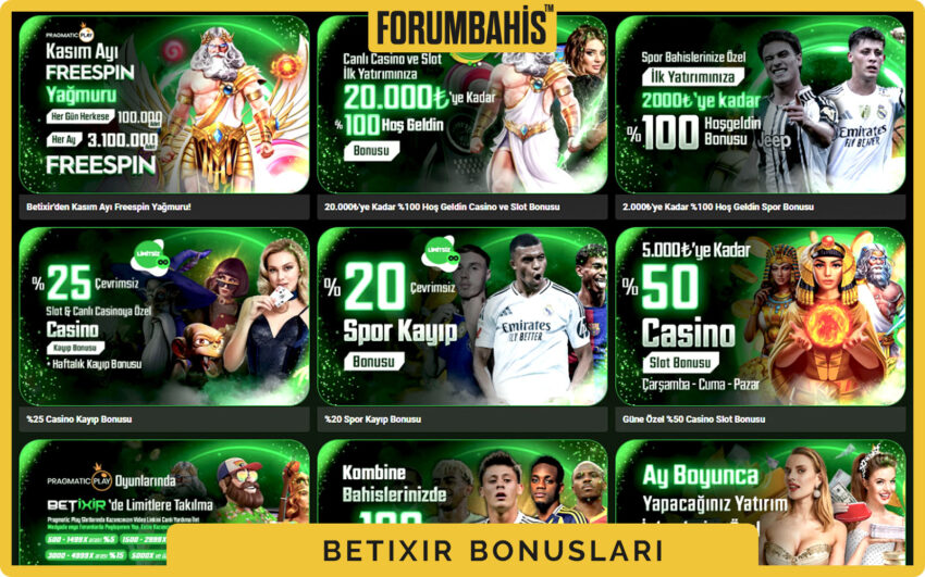 Betixir bonuslar genel görünüm, tüm bonus listesi ve filtre etiketleri