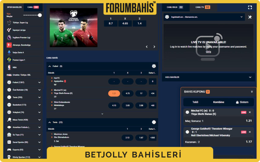 Betjolly bahis ekranı genel görünüm, sol menü ligler orta alanda oranlar sağda kupon