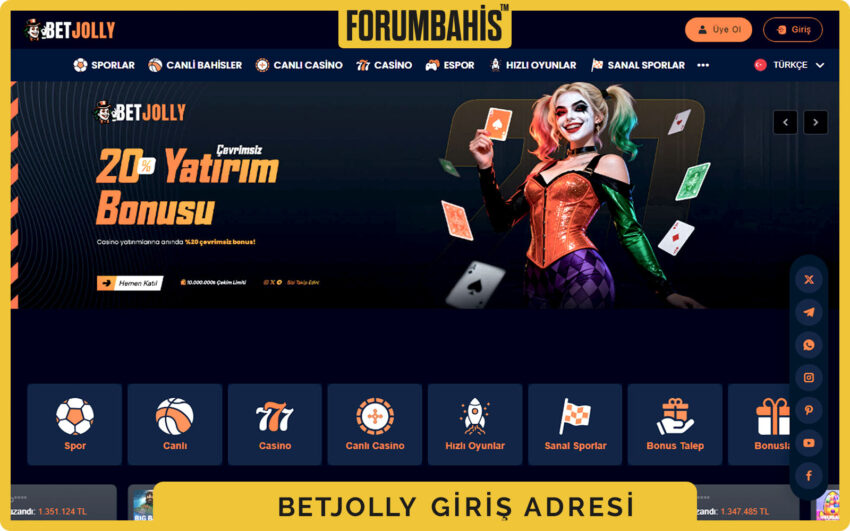 Betjolly ana sayfa yerleşimi, sol menü kategorileri ve giriş butonu vurgulu