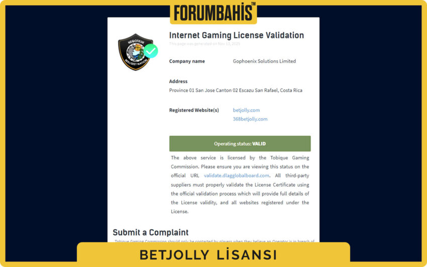 Betjolly lisans durumu “aktif” ifadesi, firma adı ve adres satırı