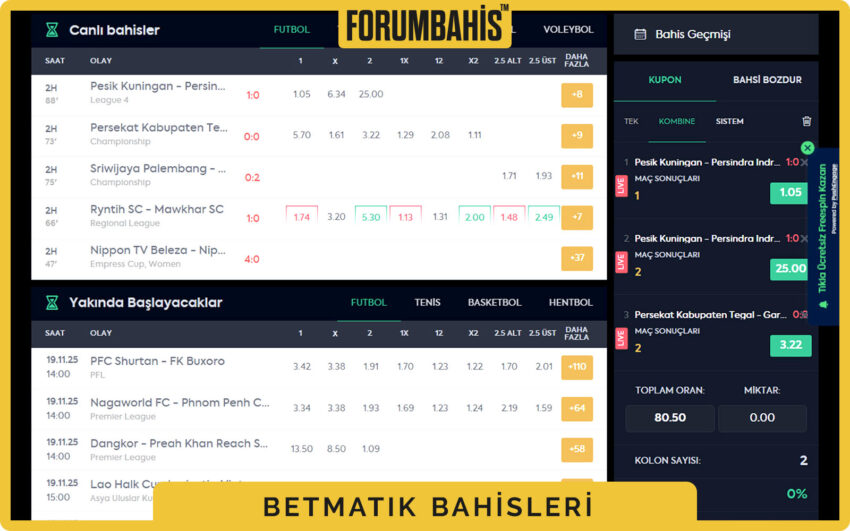 Betmatik sağ panelde kaydırılabilir bahis kupon, alt bölümde kuponu onayla
