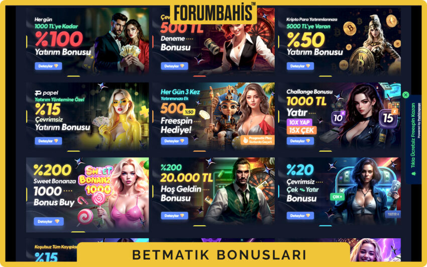 Betmatik bonuslar genel görünüm, tüm bonus listesi ve filtre etiketleri