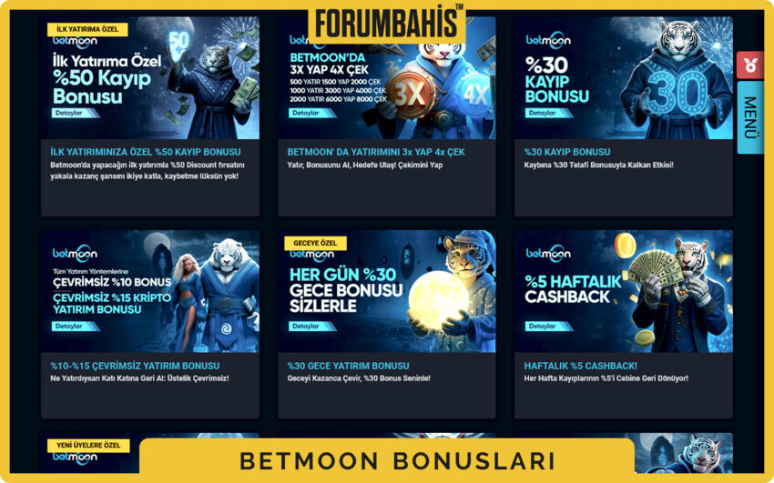 Betmoon bonuslar genel görünüm, tüm bonus listesi ve filtre etiketleri