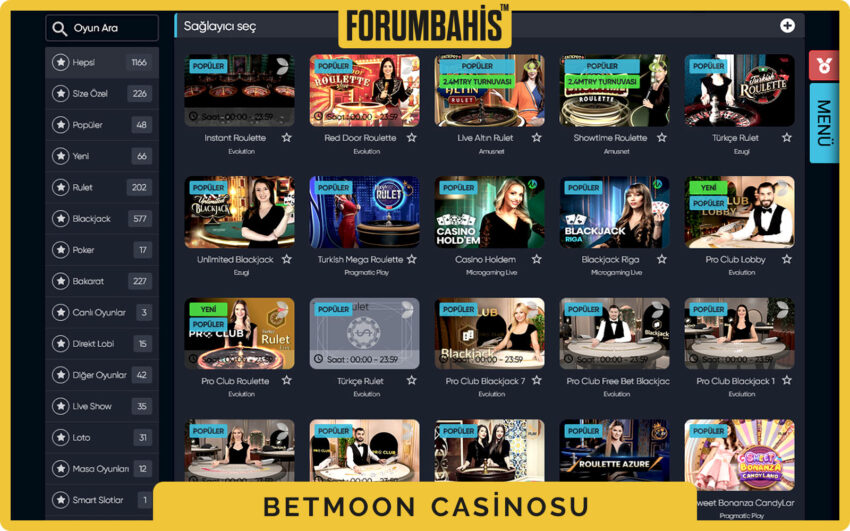 Betmoon mobil canlı casino lobisi, masa listesi ve dil seçenekleri