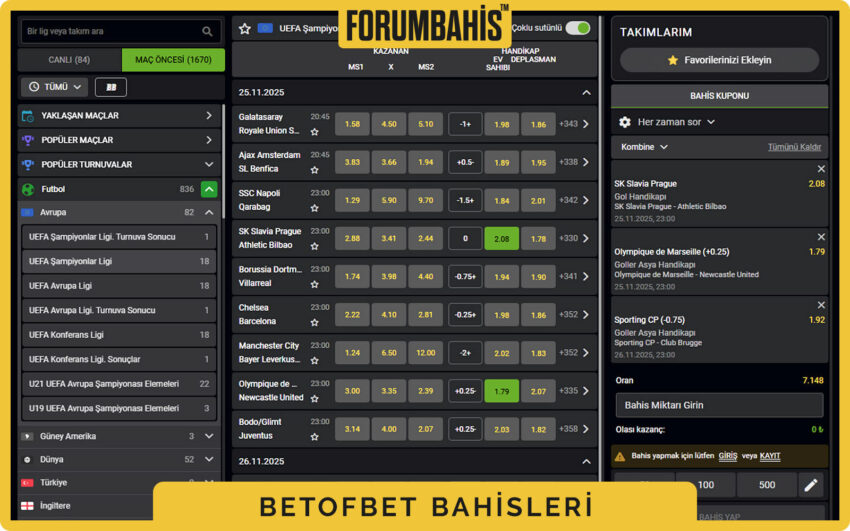 Betofbet canlı bahisler, sol menüde ligler sağ panelde bahis kuponu