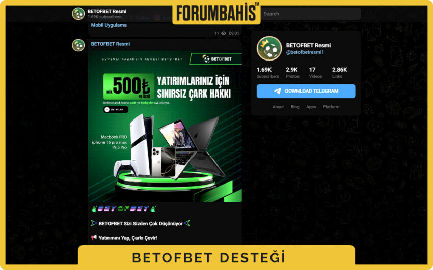 Betofbet Telegram sohbet penceresi görseli, hızlı moderasyonlu destek