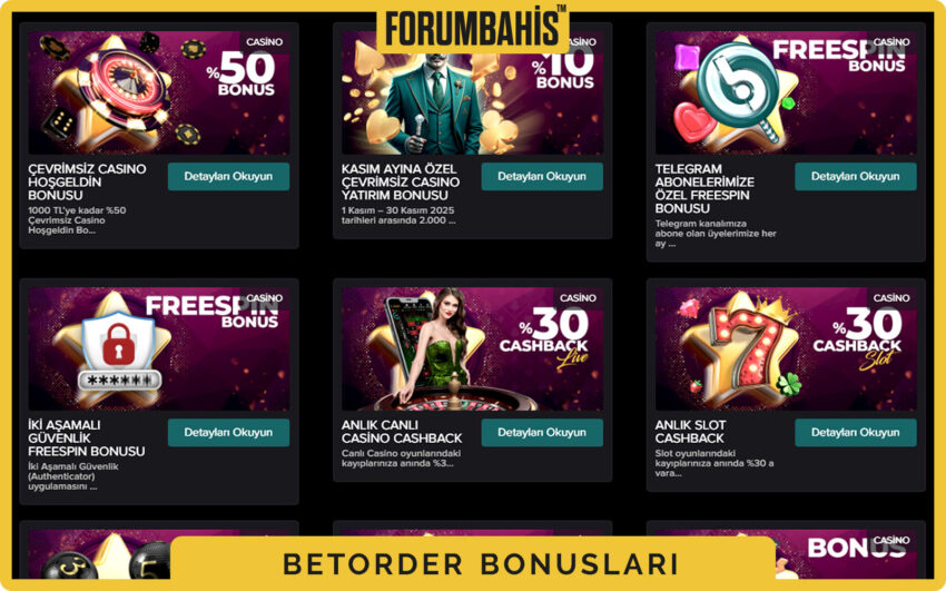 Betorder bonuslar genel görünüm, tüm bonus listesi ve filtre etiketleri