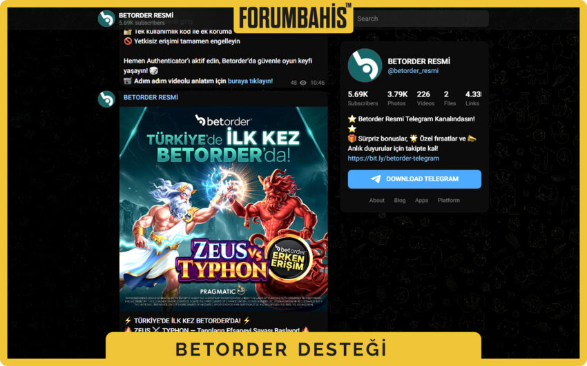 Betorder destek sayfası ekran görüntüsü, Instagram ve Telegram ikonları