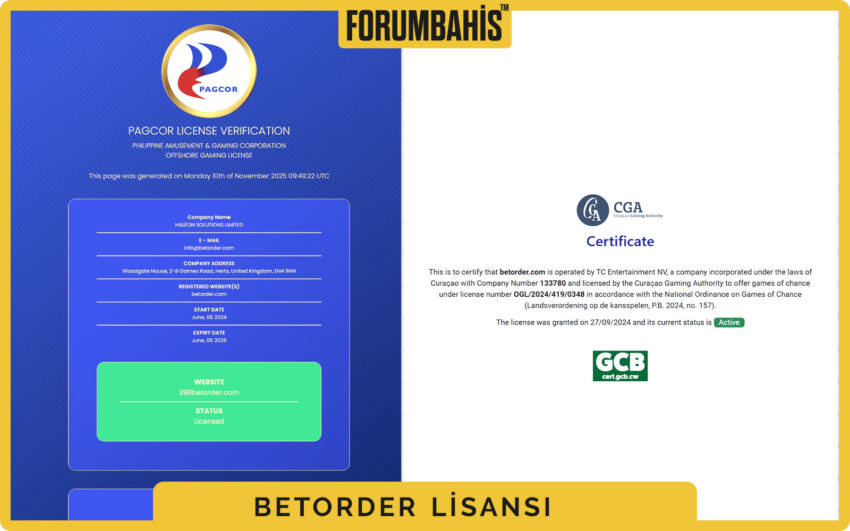 Betorder lisans sayfası ekran görüntüsü, lisans durumu ve şirket unvanı