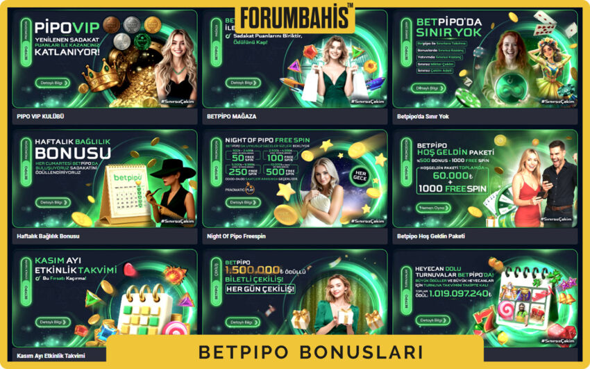 Betpipo bonuslar genel görünüm, tüm bonus listesi ve filtre etiketleri
