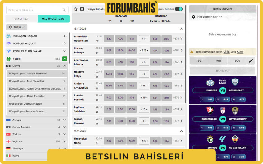 Betsilin üst menü spor bahis sekmeleri, futbol seçili ve oranlar vurgulu