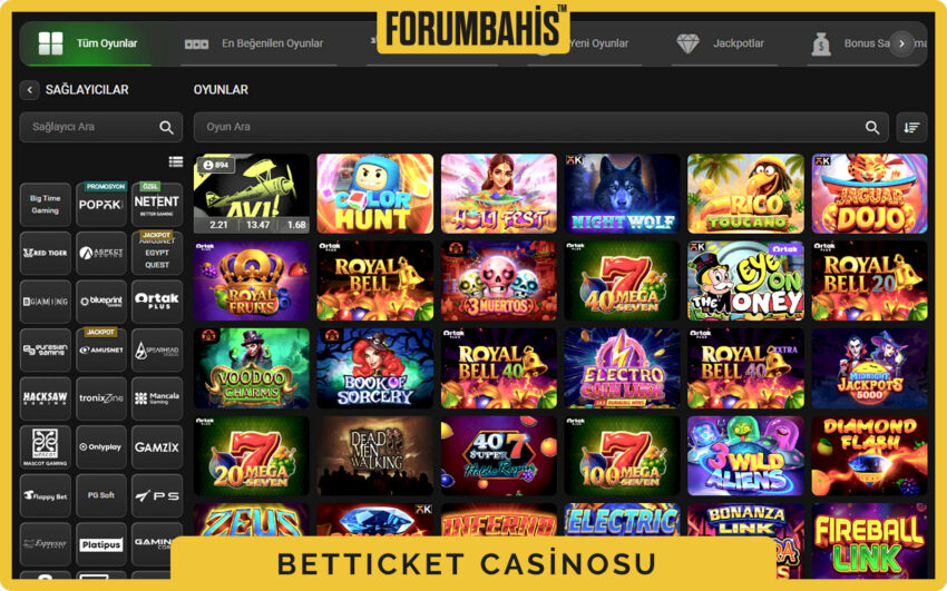 Betticket casino oyun kartları, sağlayıcı logosu ve oynama butonu