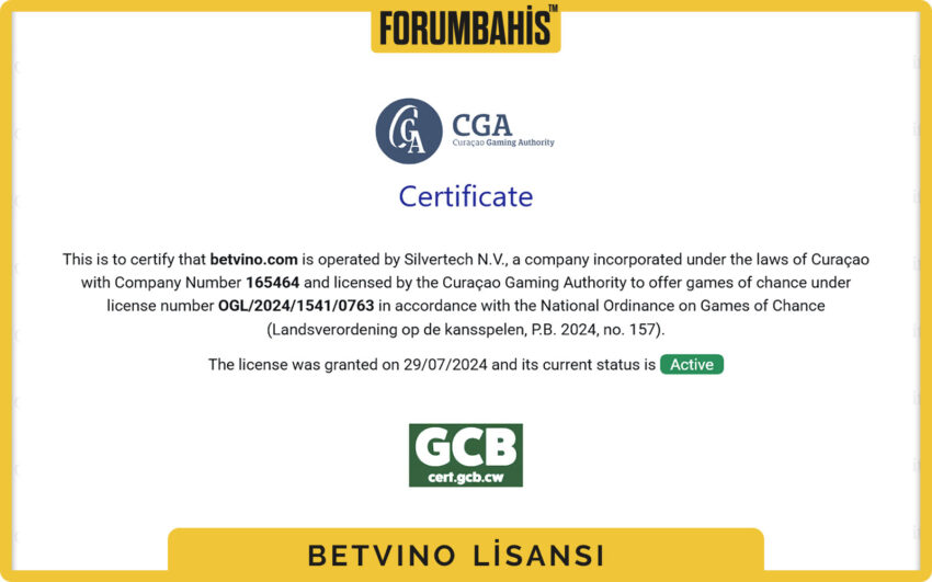 Betvino lisans ekranı, canlı casino için lisans kapsamı ve notlar