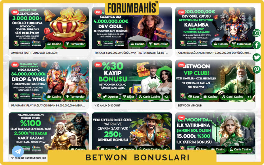 Betwon bonuslar bölümü, yatırım bonus ve çevrim şartı etiketi
