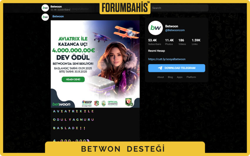 Betwon Telegram kanalına geçiş için destek butonu ve davet linki
