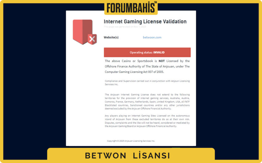 Betwon lisans kartı, lisans veren otorite ve geçerlilik tarih aralığı