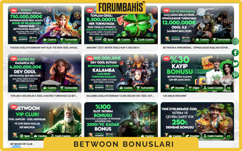 Betwoon bonuslar bölümü, yatırım bonus ve çevrim şartı etiketi