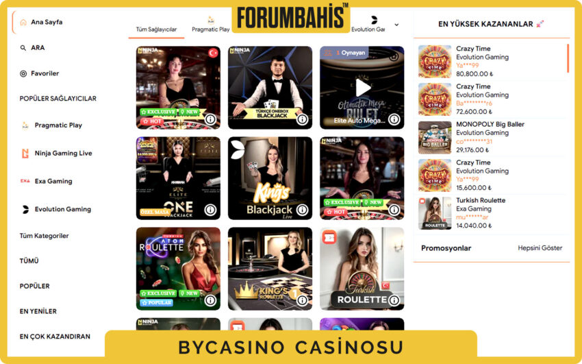 Bycasino üst menüde casino sekmesi, spor ve canlı yanında