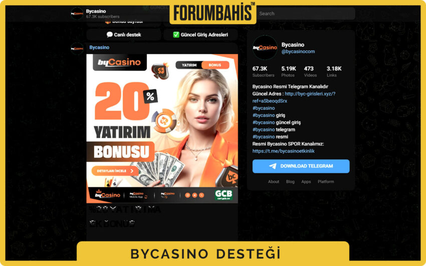 Bycasino Telegram sohbet penceresi görseli, hızlı moderasyonlu destek