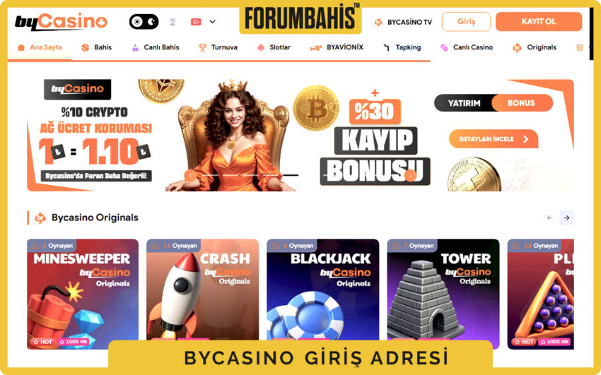 Bycasino giriş ekranı, sağ üstte Giriş ve Kayıt Ol butonları, yeşil–beyaz tema