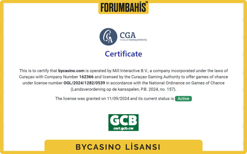 Bycasino lisans özetinde ürün kapsamı, spor ve casino için lisans ibaresi