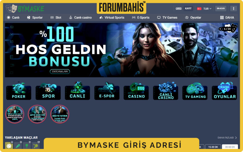 Bymaske giriş sayfası, üst menüde Spor, Canlı, Casino sekmeleri ve giriş butonu