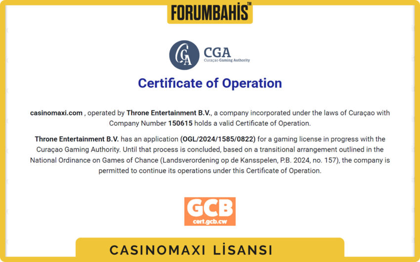 Casinomaxi lisans kartı, lisans veren otorite ve geçerlilik tarih aralığı