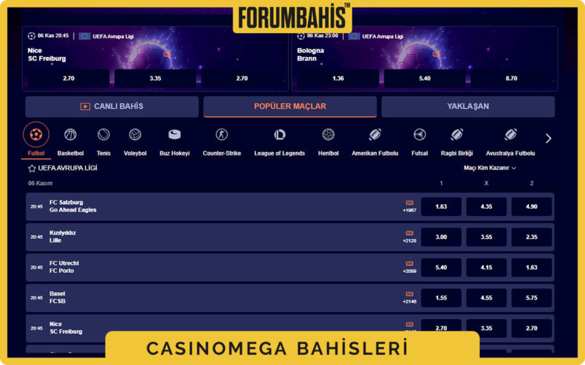 Casinomega bonus listesi, spor bahisleri için yüzde oranlı bonus kartları