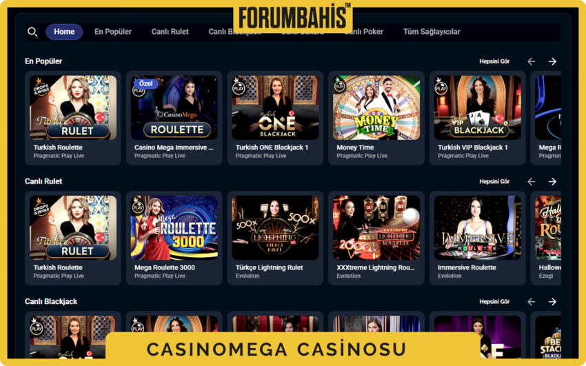 Casinomega casino lobisi, rulet ve blackjack canlı masaları listesi