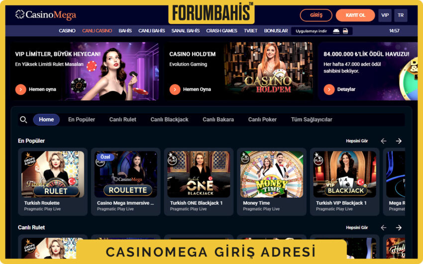 Casinomega slider altında promosyon kartları, üstte giriş ve kayıt butonları