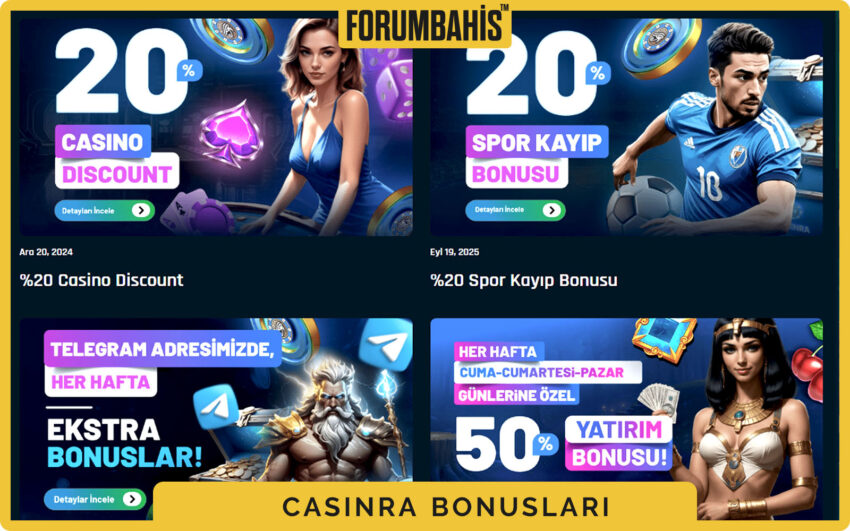 Casinra bonuslar genel görünüm, tüm bonus listesi ve filtre etiketleri