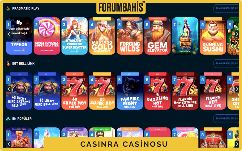 Casinra üst menüde casino sekmesi, spor ve canlı yanında